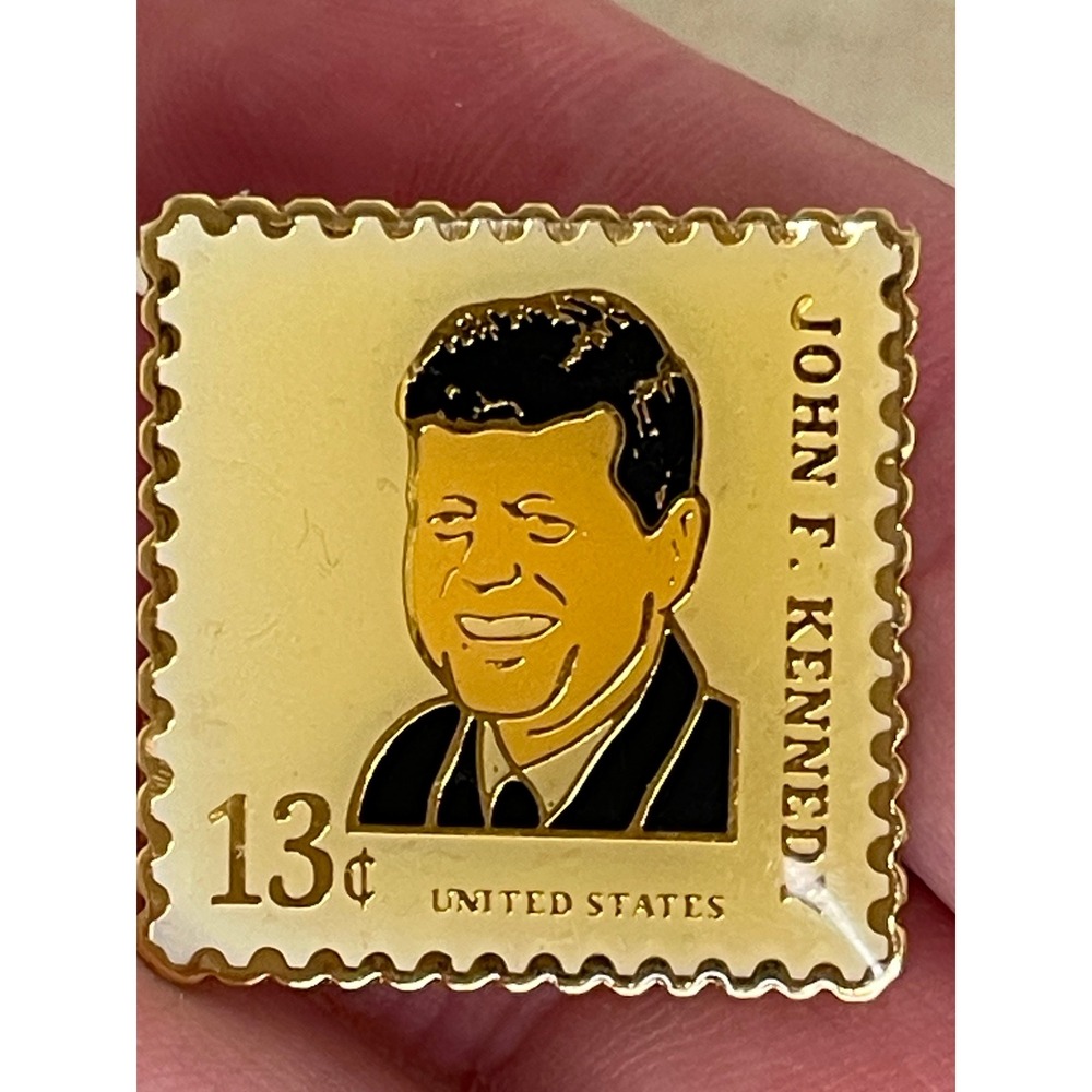 Vintage John F Kennedy 13 Cent Stamp Enamel Pin JFK Political Memorabilia Gold